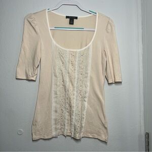 White House Black Market Lace Panel Scoop Top  Ivory Beige | Size Small | Femini